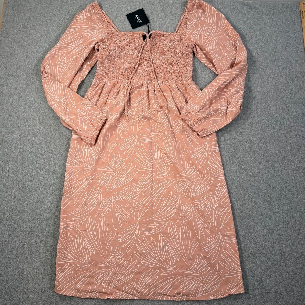 Able Joyce Smocked Midi Dress Women's Small Blush Square Neck Puff Sleeve New